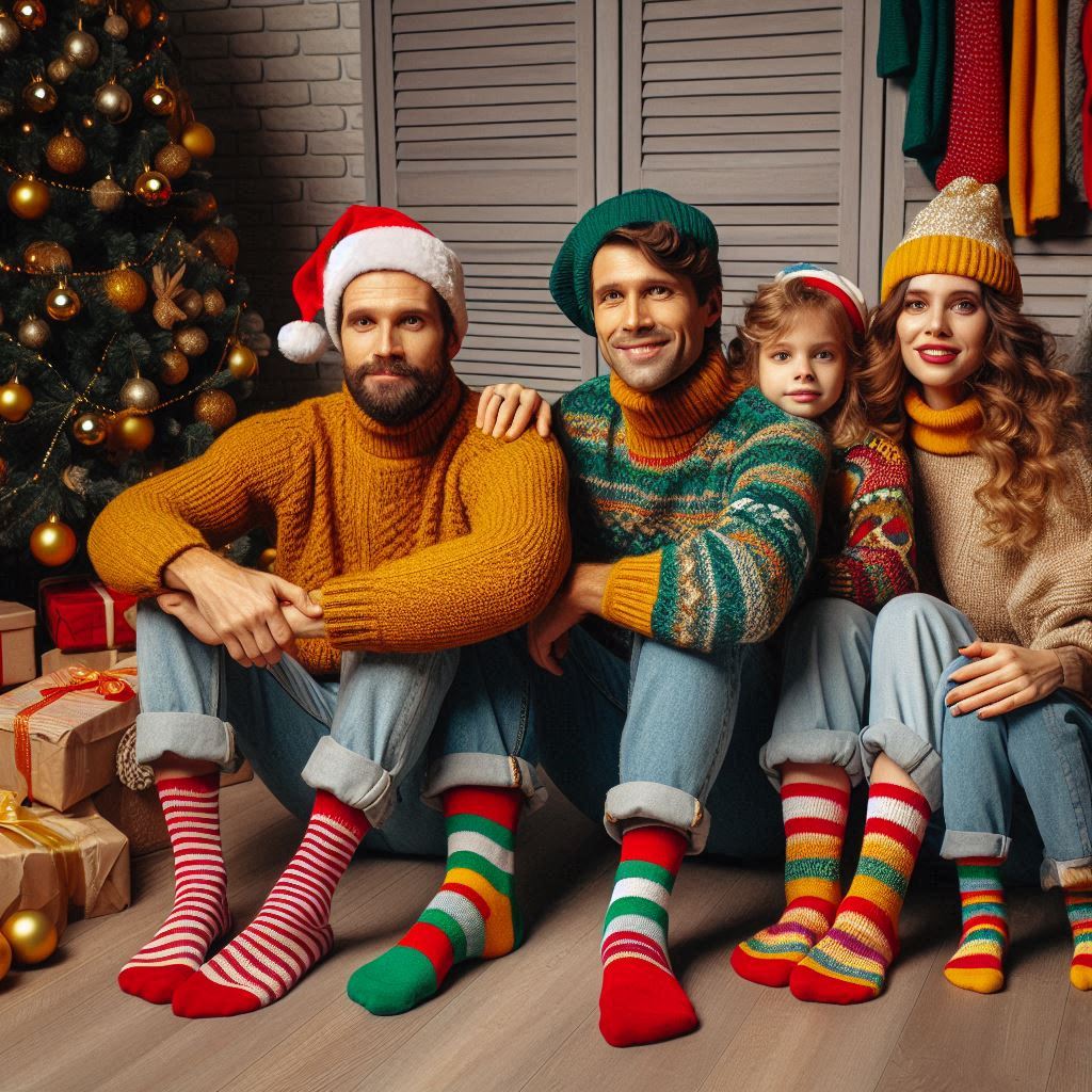 Familia divertida y colorida en un ambiente navideño, usando suéteres navideños con estampados originales, accesorios festivos como diademas y bufandas enormes, rodeados de decoraciones brillantes.