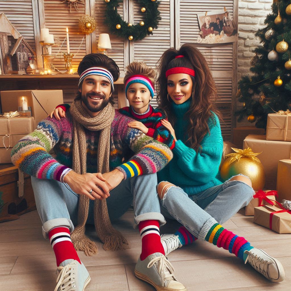 Familia divertida y colorida en un ambiente navideño, usando suéteres navideños con estampados originales, accesorios festivos como diademas y bufandas enormes, rodeados de decoraciones brillantes.