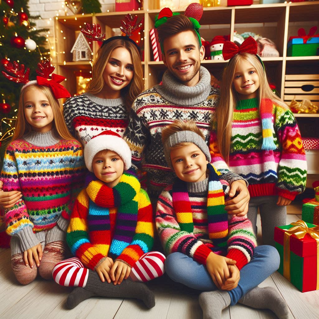 Familia elegante en un decorado navideño, vistiendo suéteres finos, camisas de cuello y accesorios preferidos como boinas y bufandas en colores neutros y dorados.