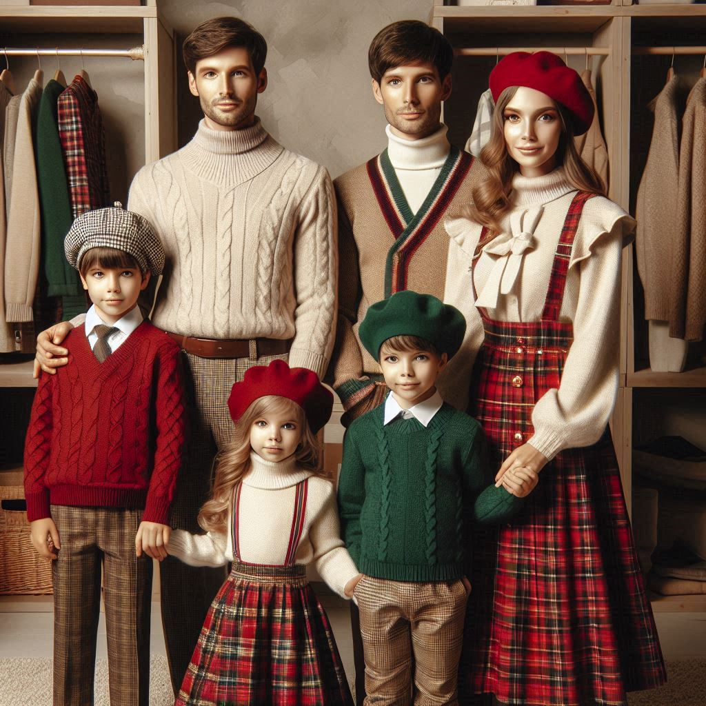 Familia elegante en un decorado navideño, vistiendo suéteres finos, camisas de cuello y accesorios preferidos como boinas y bufandas en colores neutros y dorados.