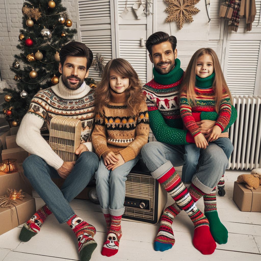 Familia divertida y colorida en un ambiente navideño, usando suéteres navideños con estampados originales, accesorios festivos como diademas y bufandas enormes, rodeados de decoraciones brillantes.