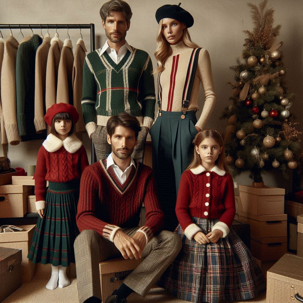 Familia elegante en un decorado navideño, vistiendo suéteres finos, camisas de cuello y accesorios preferidos como boinas y bufandas en colores neutros y dorados.