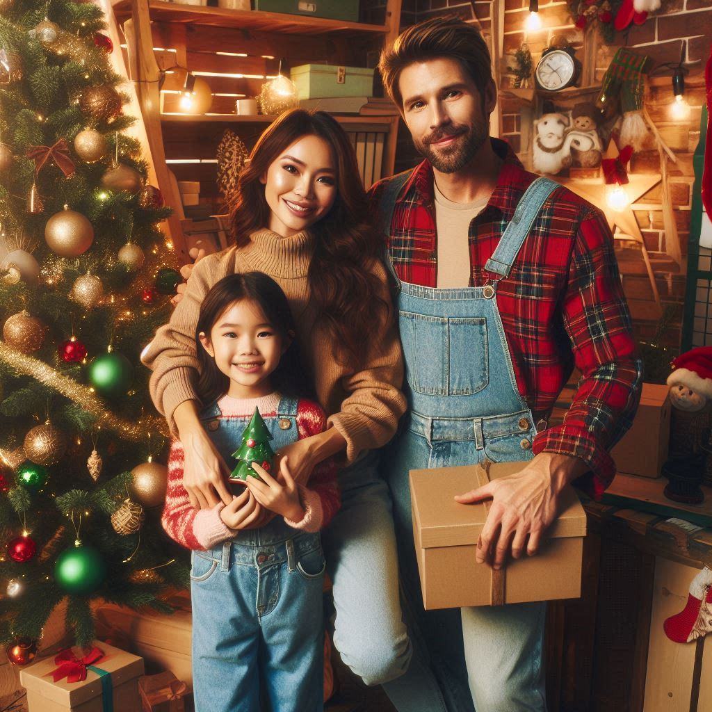 Familia divertida y colorida en un ambiente navideño, usando suéteres navideños con estampados originales, accesorios festivos como diademas y bufandas enormes, rodeados de decoraciones brillantes.